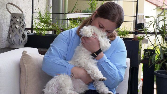 Malteserhündin Emmi hängt an ihrem Frauchen Janina.